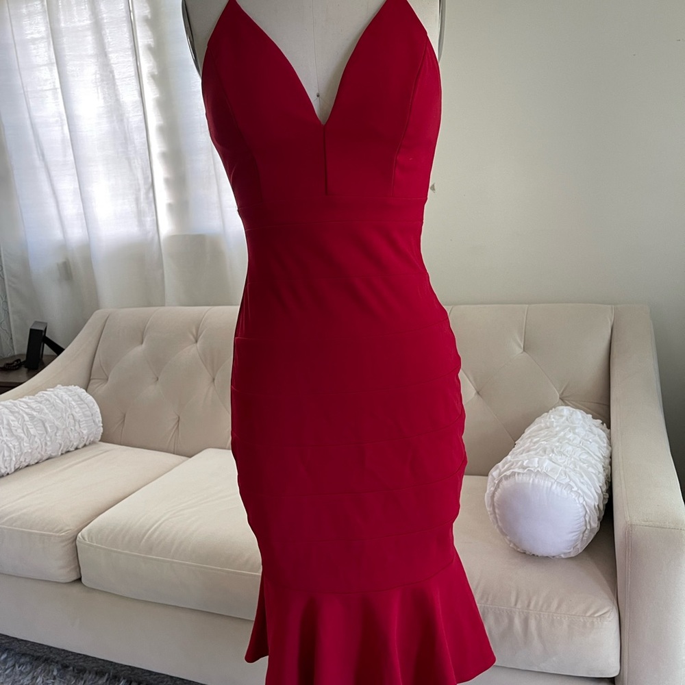 Red racerback bodycon fishtail/trumpet hem high low cocktail dress-S